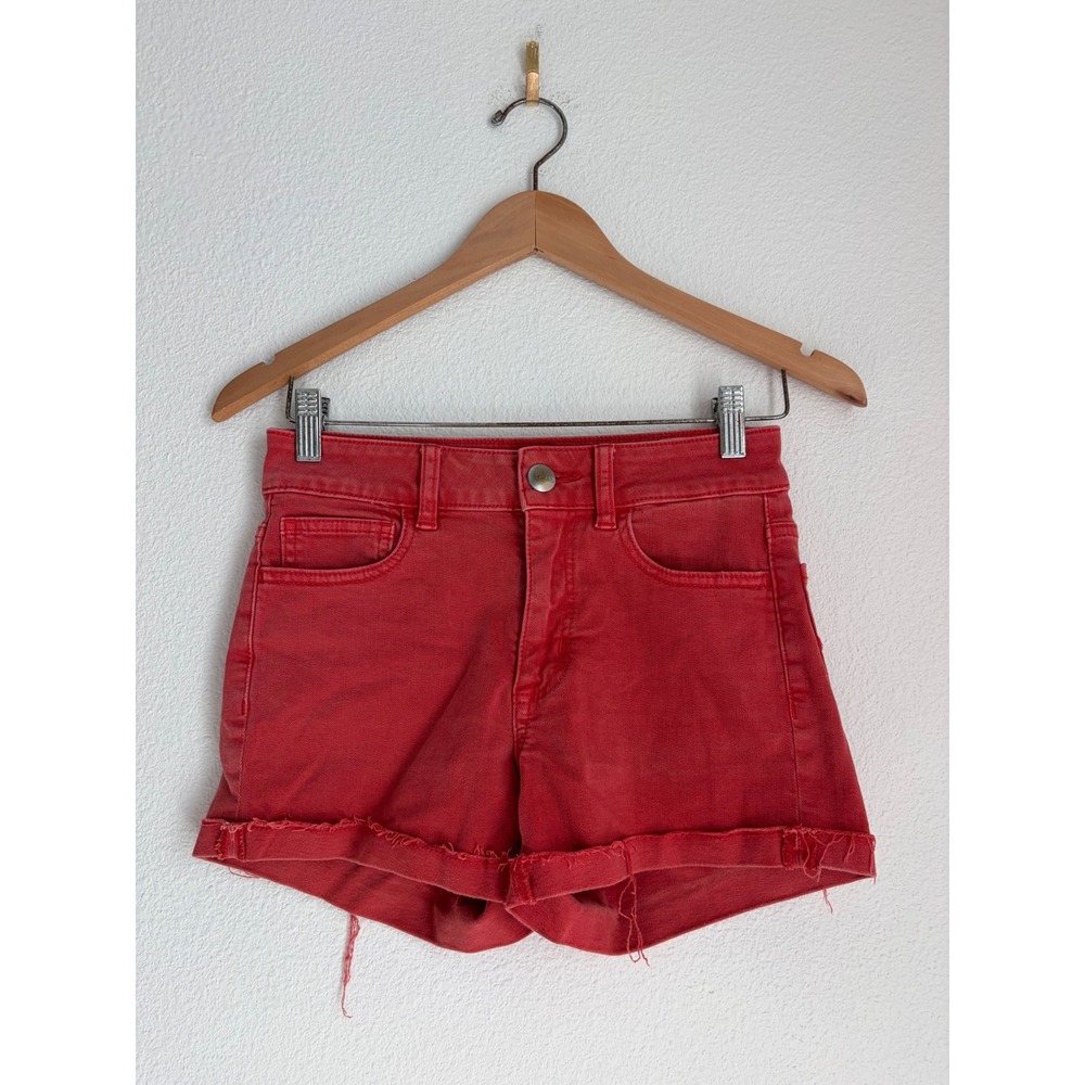 American Eagle Hi-Rise Shortie Red Denim Jean Shorts‎ Super Stretch Size 2